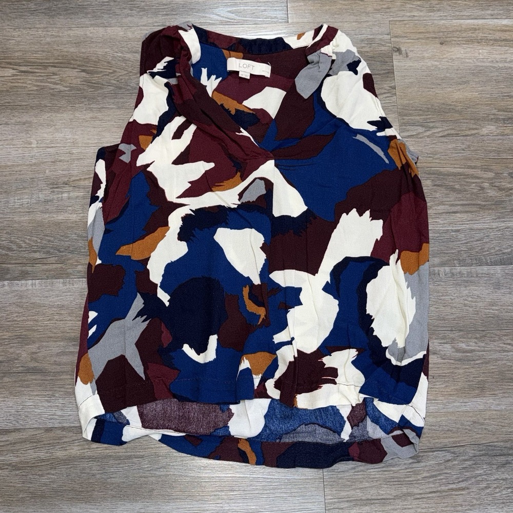 LOFT Sleeveless V-Neck Top Womens Medium Petite Abstract Painterly Print